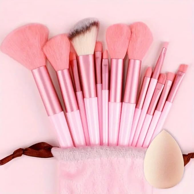 Foundation Makeup Brush Set Kit | 13 Pcs Premium Synthetic Kabuki Eye Shadows Make Up Brushes + 1 Sponge + 1 Brush Bag for Travel and Home Use (PINK)-Velvo Beauty