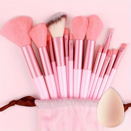 Foundation Makeup Brush Set Kit | 13 Pcs Premium Synthetic Kabuki Eye Shadows Make Up Brushes + 1 Sponge + 1 Brush Bag for Travel and Home Use (PINK)-Velvo Beauty