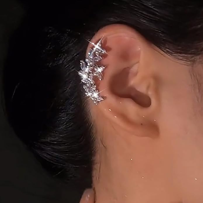 Vintage Crystal Pearl Ear Cuff Earrings Rhinestone Butterfly Cuff Wrap Earrings Cz Butterfly Ear Climber Cuff Earrings Silver Pearl Cz Non Piercing Earring Jewelry for Women(Left)-Velvo Beauty