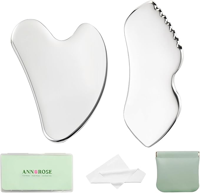 ANNROS 2Pcs Stainless Steel Gua Sha Facial Tools, GuaSha Set for Face Neck, Natural Skin Care，Perfect GuaSha Set for Skincare and Rituals and Travel-Friendly, Gift for Women-Velvo Beauty