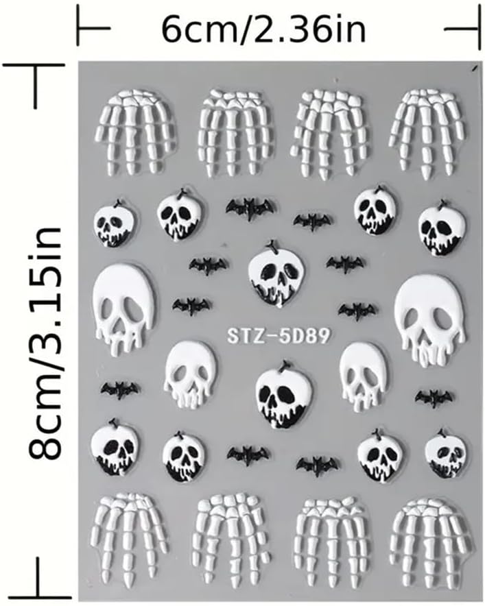 2 Pcs Halloween Nail Art Stickers 5D Embossed Scary Skull Self-Adhesive Nail Decals Halloween Stickers Bat Bones of The Dead Designs Nail Decorations Holiday DIY Acrylic Nail Accessories for Women-Velvo Beauty
