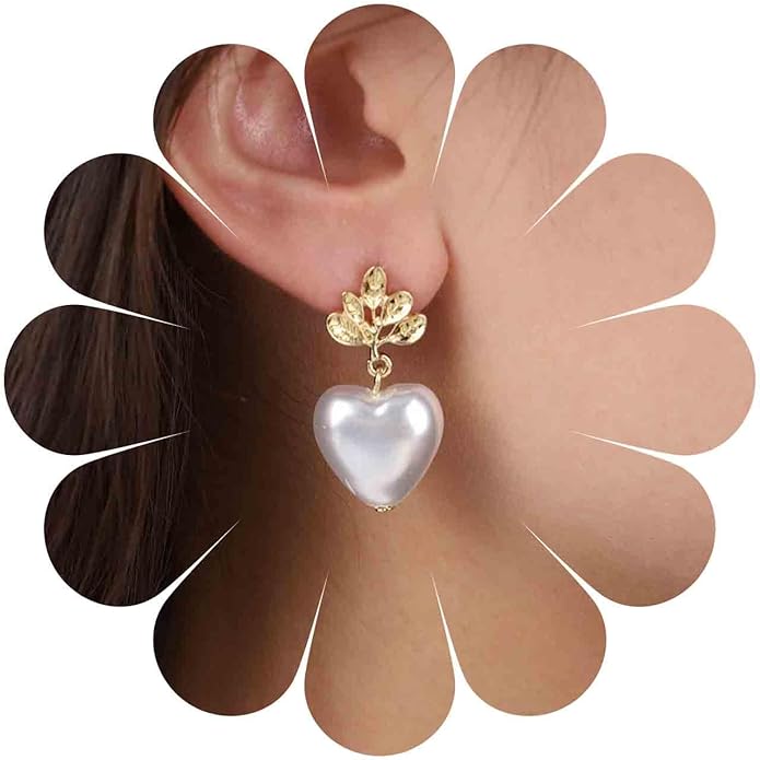 Vintage Pearl Heart Drop Earrings Gold Leaf Pearl Earrings White Pearl Heart Earrings Bridal Pearl Stud Earrings Jewelry for Women-Velvo Beauty