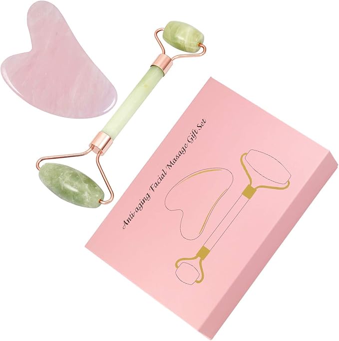 mookaitedecor Xiuyan Jade Roller & Rose Quartz Gua Sha Scraping Massage Tool Set, Face Massager for Wrinkles, Anti Aging-Velvo Beauty
