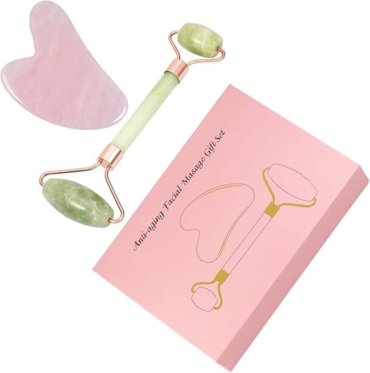 mookaitedecor Xiuyan Jade Roller & Rose Quartz Gua Sha Scraping Massage Tool Set, Face Massager for Wrinkles, Anti Aging-Velvo Beauty