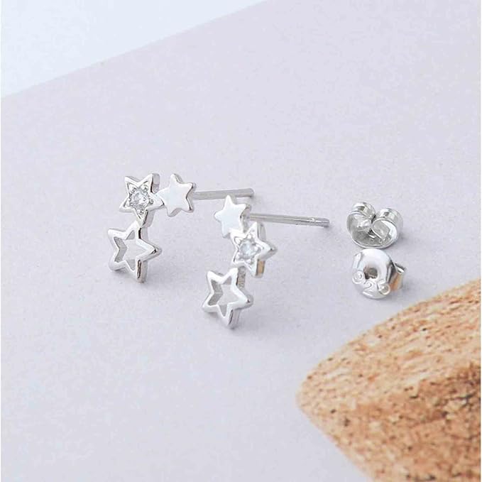 Boho Rhinestone Star Ear Climber Earrings Silver Cluster Star Earrings Minimal Crawler Earrings Vintage Studs Earrings Jewelry for Women and Girls-Velvo Beauty