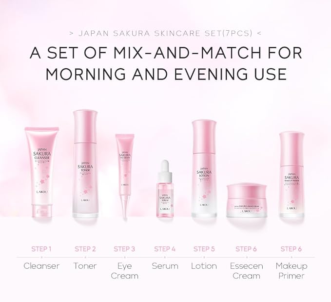 Skin Care Set JAPAN SAKURA Beauty Gift Sets Skin Care Kit with Cleanser, Toner, Lotion, Serum, Eye Cream, Face Cream, Make up Primer Travel Kit for Women Wife Mom 7pcs-Velvo Beauty