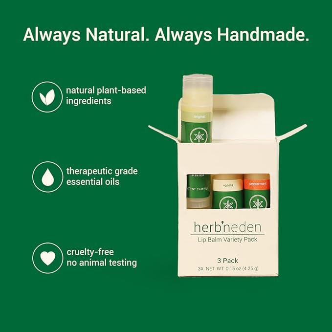Herb’N Eden Lip Balm Variety Pack of 3 | Moisturizing and Soothing for Dry, Chapped Lips | Vanilla, Peppermint, Unscented | 100% Natural Ingredients | Essential Oils-Velvo Beauty