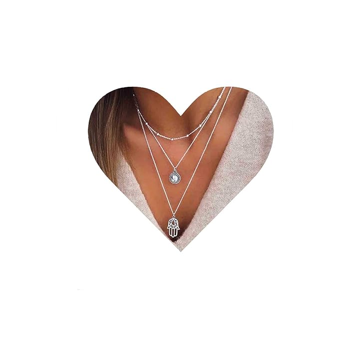 Boho Layered Opal Moonstone Necklace Silver Hamsa Pendant Necklace Futian Hand Necklace Chain Opalite Gem Necklace Jewelry for Women and Girls-Velvo Beauty