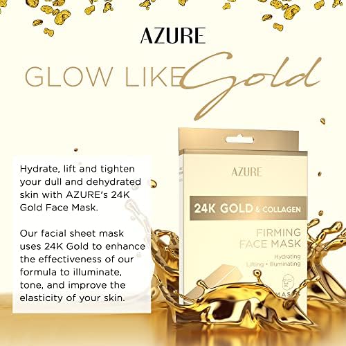 AZURE 24K Gold Firming Face Mask- Anti Aging, Hydrating, Toning & Firming Facial Sheet Mask - Helps Reduce Wrinkles & Fine Lines - With Hyaluronic Acid & Collagen - Skin Care Made in Korea - 10 Pack-Velvo Beauty