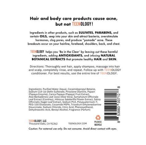 Teenology Shampoo for Teens - Avoid Forehead and Body Acne - No Sulfates or Parabens, Noncomedogenic, Natural Botanical Extracts, 16 oz. (Fresh Papaya)-Velvo Beauty