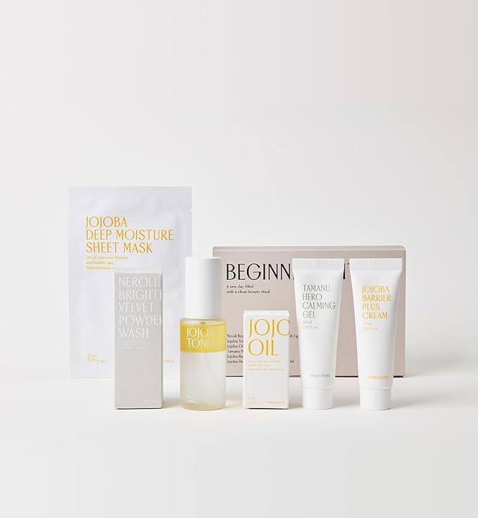 Beginner Edition (Jojoba Oil 10ml, Jojoba Toner 50ml, Jojoba Barrier Plus Cream 30ml, Jojoba Mask Sheet 1ea, Tamanu Hero Carlming Gel 30ml, Neroli Powder Wash 5ea)-Velvo Beauty