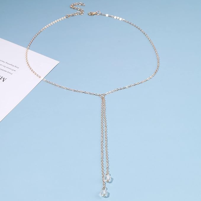 Boho Crystal Drop Necklace Gold Crystal Tassel Y Necklace Chain Vintage Long Drop Chain Necklace Minimalist Necklace Chain Jewelry for Women and Girls Gifts-Velvo Beauty