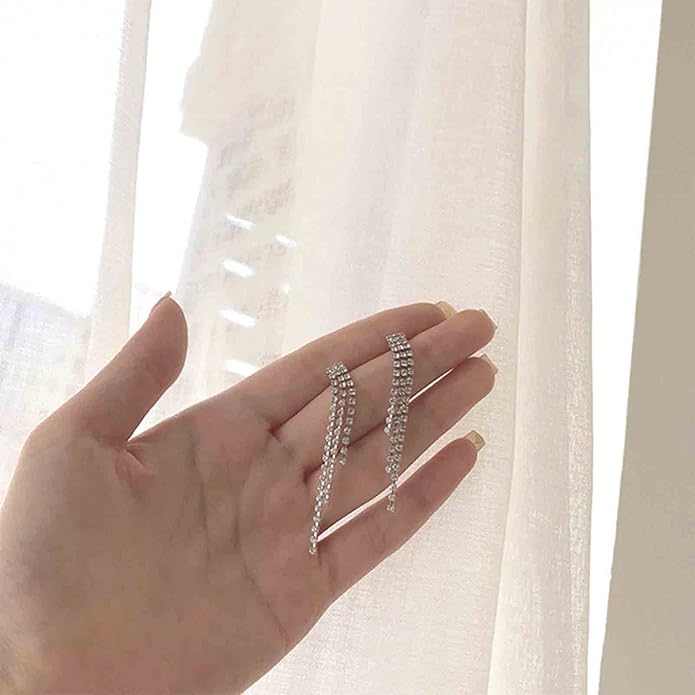 Boho Rhinestone Tassel Earrings Long Fringe Drop Dangle Earrings Silver Crystal Chain Tassel Earrings Vintage Chandelier Chain Studs Earrings Luxury Statement Earrings Jewelry for Women and Girls Gifts-Velvo Beauty