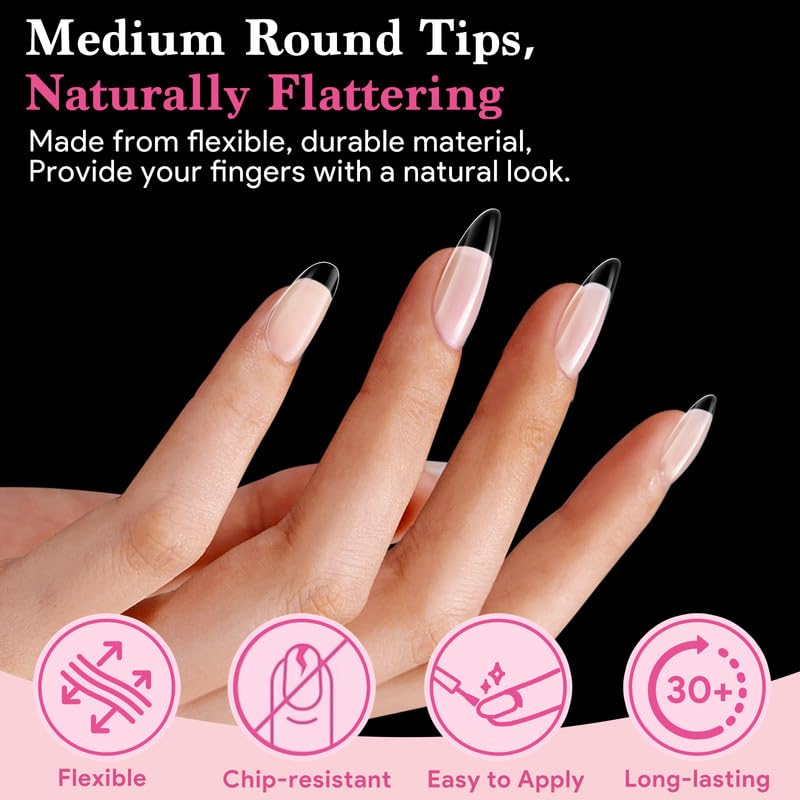 Medium Round False Nail Tips, 15 Sizes 510 PCS Clear Soft Press On Fake Nail Pre-shaped Half Matte Full Cover Gel Nail Tips Extensions Strong Thick Long Lasting for DIY Beginners & Salon Manicure-Velvo Beauty