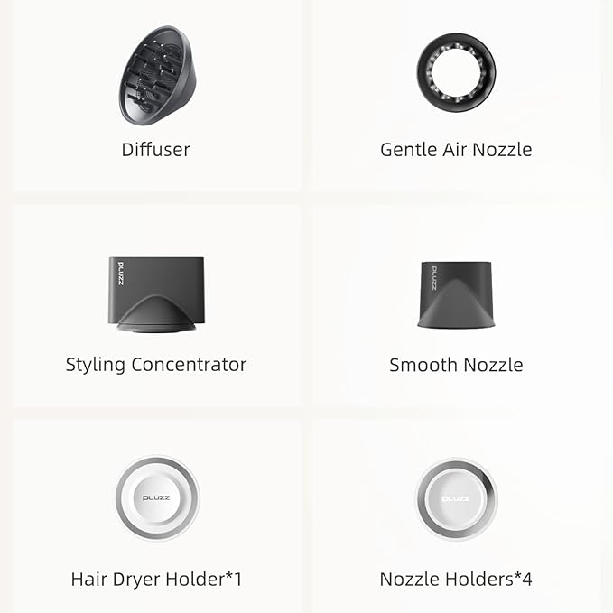 PLUZZ Pro Professional Hair Dryer with 3M Power Cord, 140,000 RPM Brushless Motor High-Speed, 500M Negative Ions, Quiet & Lightweight, Diffuser & Holders Attachments – Salon/Home Use-Velvo Beauty