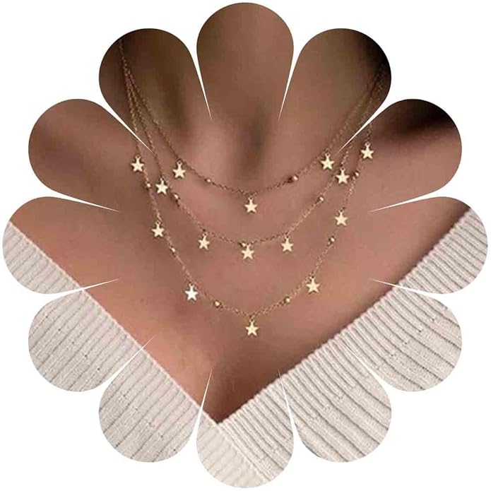 Vintage Layered Star Dangle Necklace Star Pendant Necklace Tiny Star Necklace Gold Bead Chain Necklace Jewelry for Women-Velvo Beauty