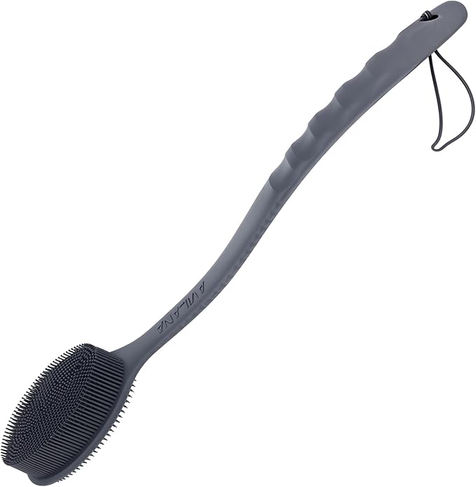 Avilana Silicone Body Scrubber – Gentle Shower Brush & Loofah Alternative- Food Grade & Lab Tested – Fast-Drying, Hygienic, BPA-Free Silicone Body Gentle Exfoliator (Dark Gray, Long Handle)-Velvo Beauty