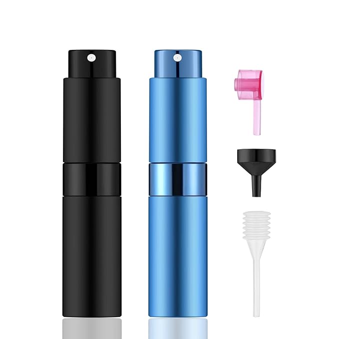 2 PCS/8ml Portable Mini Perfume Atomizer bottles, Empty Refillable Spray Bottle with 3 Types of Refill Tools, Pocket Travel Perfume Sample Bottles(Matte Black&Blue)-Velvo Beauty
