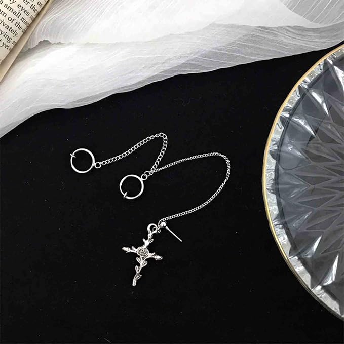 Cross Chain Cuff Earrings Silver Cross Dangle Chain Earrings Long Crucifix Drop Earrings Religious Ear Cuff Wrap Chain Earrings Jewelry for Women and Girls-Velvo Beauty