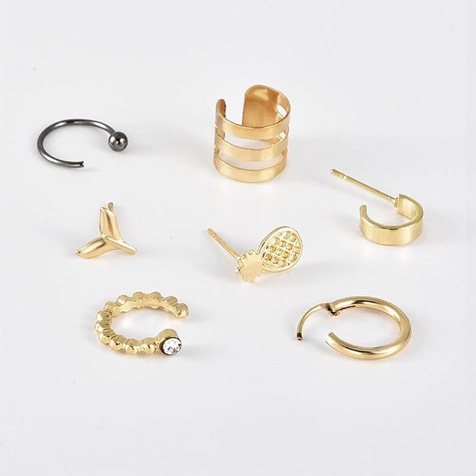 Bohemia Pineapple Mermaid Tail Studs Earrings Gold Wide Cuff Earrings Fake Helix Ear Cuff Earrings Gold Cartilage Clip on Wrap Earrings Non pierced Multiple Earrings Set Set for Women and Girls-Velvo Beauty
