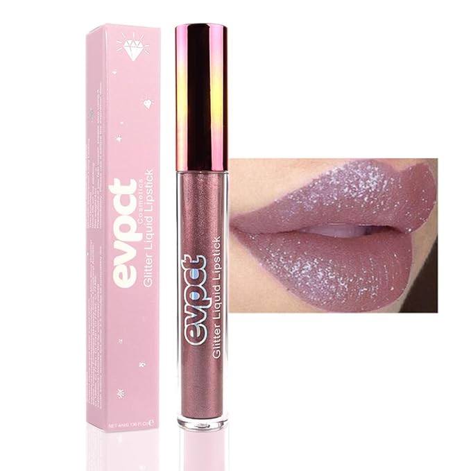 evpct 1Pcs Taupe Mauve Glitter Metallic Shimmer Diamond Lipstick Lip Gloss Stain Set for Women Long Lasting Waterproof, Mauve Purple Sparkle Glitter Matte long Wear Liquid Lipstick Lip Makeup Kit, 08#-Velvo Beauty