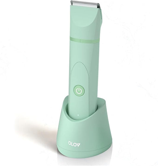 OLOV Electric Body Hair Trimmer - Groin Trimmer for Men - Bikini Trimmer Women - Wet/Dry Shaver Groomer, Replaceable Ceramic Blade Heads, USB Recharge Dock, Waterproof Hygiene Razor, Green-Velvo Beauty