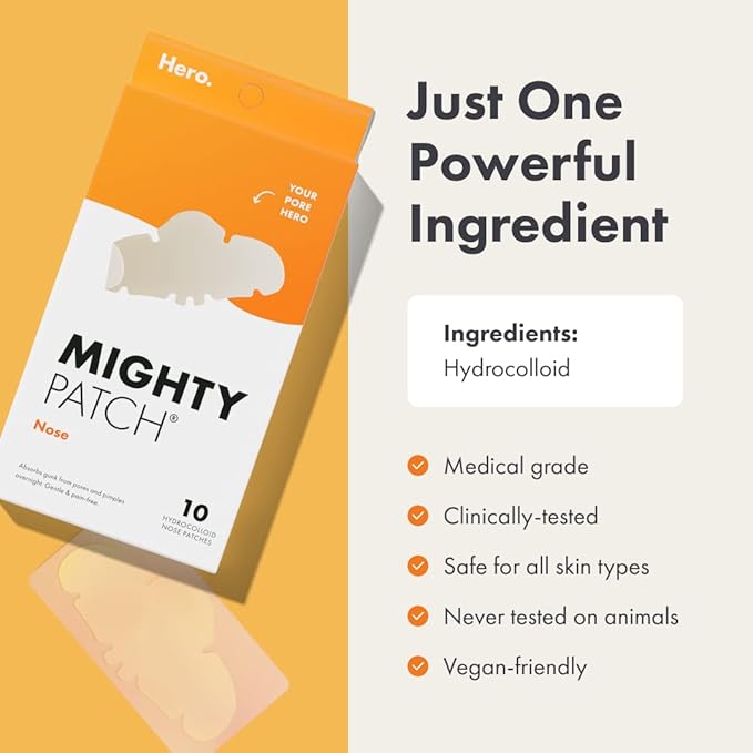 Mighty Patches for nose pores from Hero Cosmetics - XL Hydrocolloid Pimples, Zits and Oil - Dermatologist-Approved Overnight pore Strips to Absorb Acne nose Gunk (10 Count)-Velvo Beauty