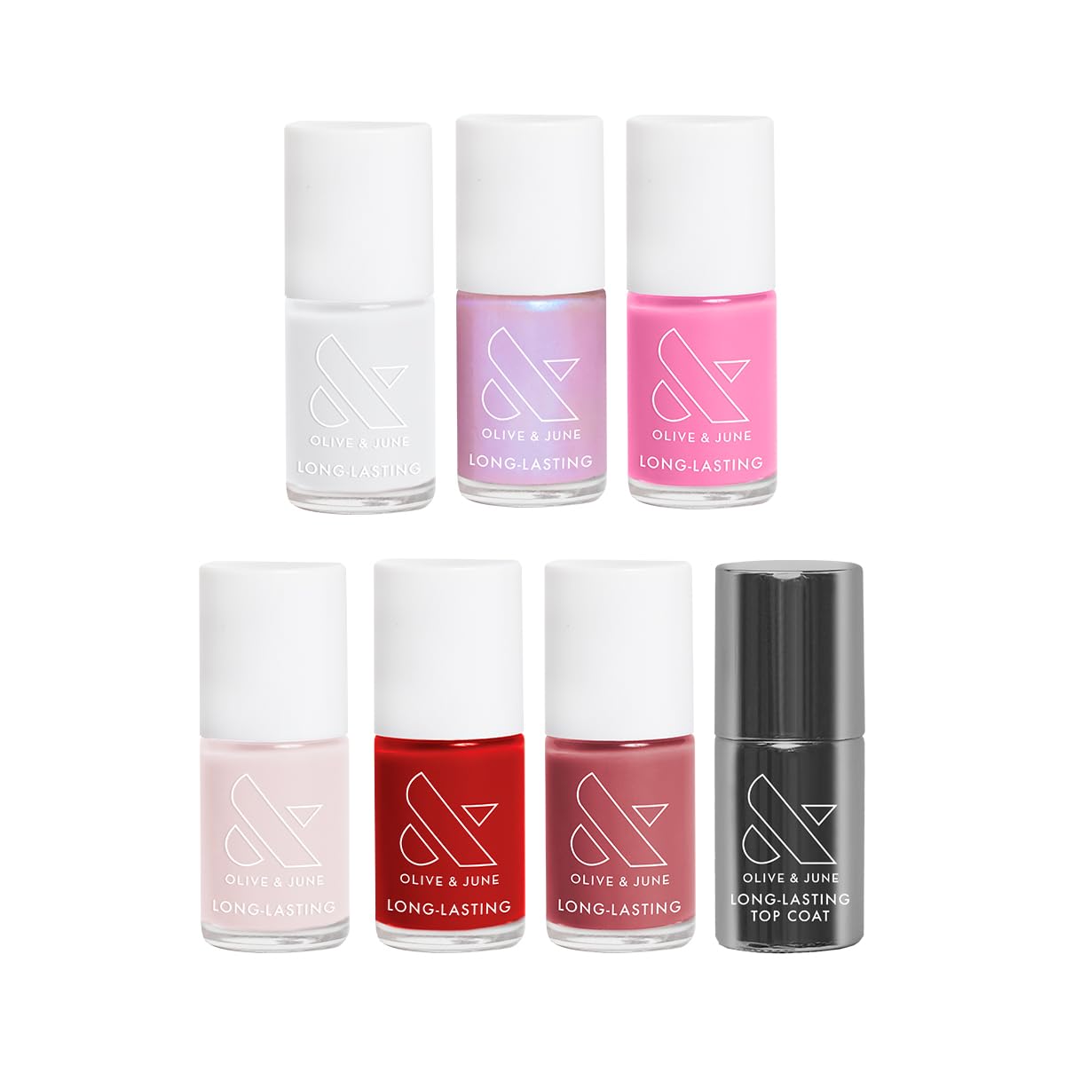 Olive & June Long Lasting Nail Polish Set | Includes 6 Chip-Resistant Shades (Pink Goldfish, HD, Grateful & Kind, CCT, LD, CV) + Top Coat | Vegan, Cruelty-Free | Salon-Quality at Home-Velvo Beauty