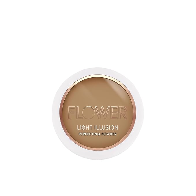 FLOWER Beauty By Drew Barrymore Light Illusion Perfecting Powder - Powder Foundation + Setting Powder for Makeup - Medium Buildable Coverage - Natural Glow + Flawless Finish - Mirror + Sponge Include d (Mocha)-Velvo Beauty