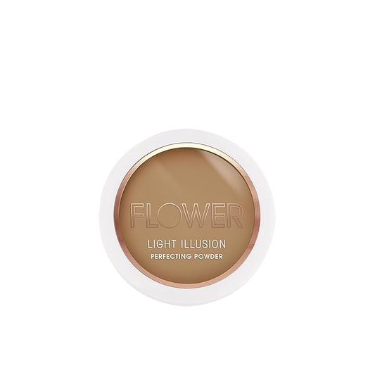 FLOWER Beauty By Drew Barrymore Light Illusion Perfecting Powder - Powder Foundation + Setting Powder for Makeup - Medium Buildable Coverage - Natural Glow + Flawless Finish - Mirror + Sponge Include d (Mocha)-Velvo Beauty
