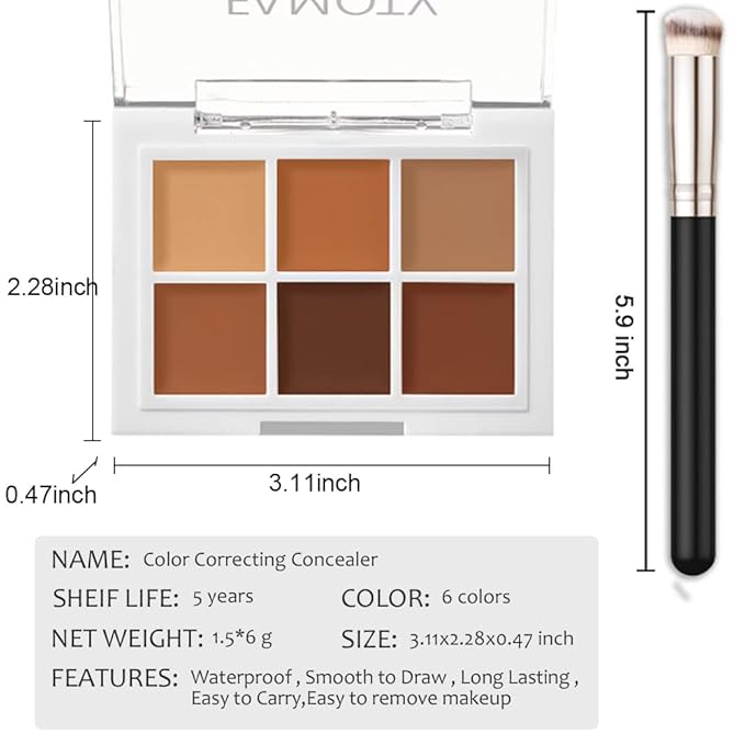 6 Color Correcting Concealer Palette With Concealer Brush, Tattoo Concealer, Cream Contouring Makeup Kit, Corrects Dark Circles Red Marks Scars Light Mediumor creamy concealer A3-Velvo Beauty
