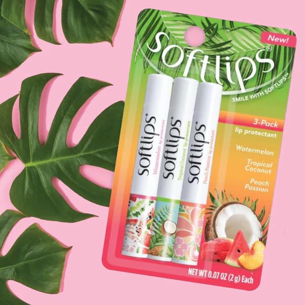 SoftLips Lip Balm, 0.63 oz - Tropical Lip Balm in Hydrating Watermelon, Coconut & Peach Flavors with Shea Butter & Vitamin E, Bundle with Moofin Wooden Comb, Nourishing LipBalm Set (Pack of 1)-Velvo Beauty