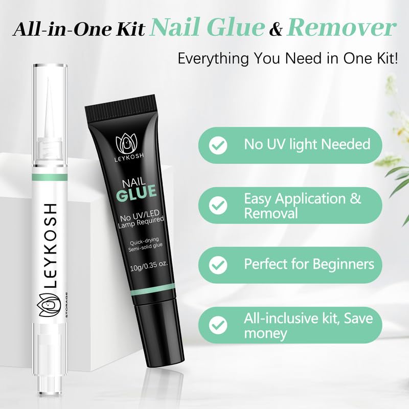 Nail Glue for Press Ons 10g & 5ml 2 in 1 Remover Pen Set, Quick Drying Semi Solid Glue on Nails No Lamp Needed Long Lasting 28+ Days, Gentle Removal Fake Acrylic Nail Tips Not for Gel Polish Base Coat-Velvo Beauty