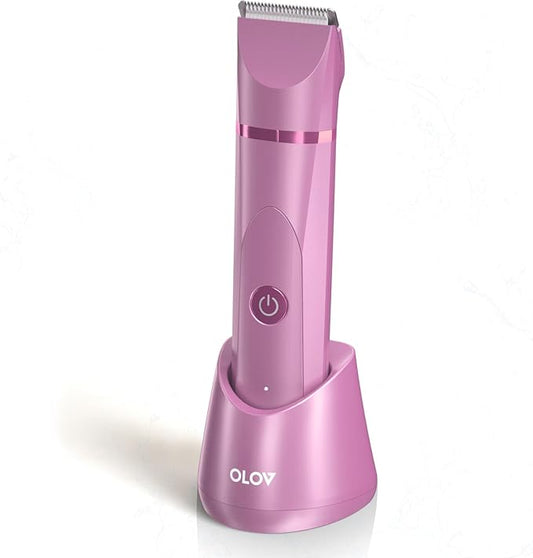 OLOV Electric Body Hair Trimmer - Groin Trimmer for Men - Bikini Trimmer Women - Wet/Dry Shaver Groomer, Replaceable Ceramic Blade Heads, USB Recharge Dock, Waterproof Hygiene Razor, Pink-Velvo Beauty