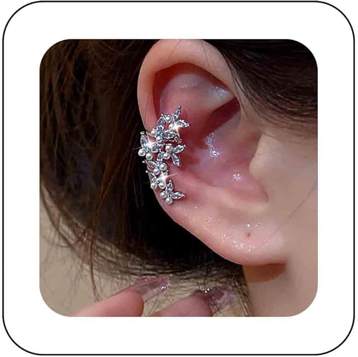 Vintage Crystal Pearl Ear Cuff Earrings Rhinestone Butterfly Cuff Wrap Earrings Cz Butterfly Ear Climber Cuff Earrings Silver Pearl Cz Non Piercing Earring Jewelry for Women(Left)-Velvo Beauty