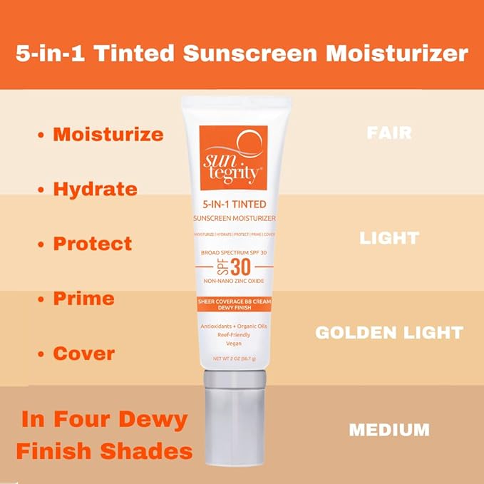 Suntegrity Tinted 5 in 1 Mineral Sunscreen for Face (SPF 30-2 oz) - Medium | BB Cream Moisturizer with Physical UVA/UVB Broad Spectrum Protection | Safe for Sensitive Skin-Velvo Beauty