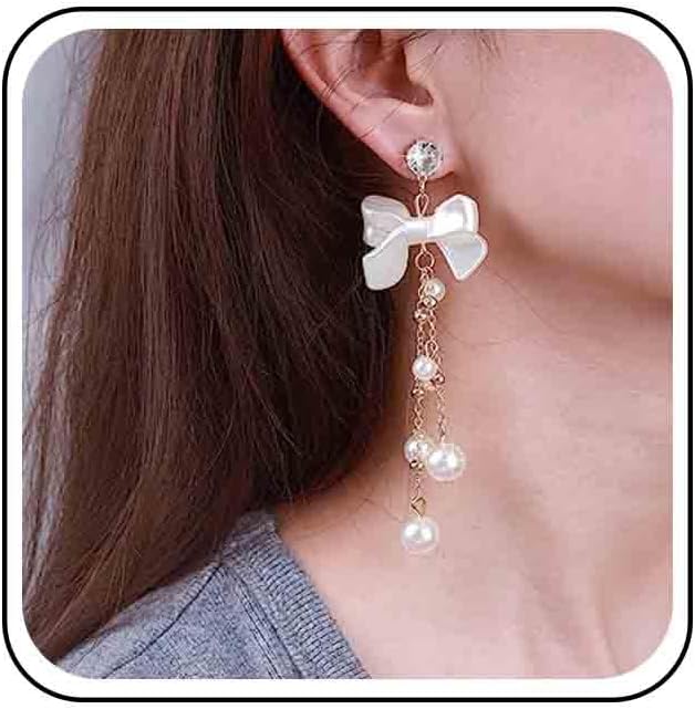 Vintage Crystal Pearl Drop Earrings Pearl Bow Dangle Earrings Long Pearl Tassel Chain Earrings Cz Bow Stud Earrings Jewelry for Women-Velvo Beauty