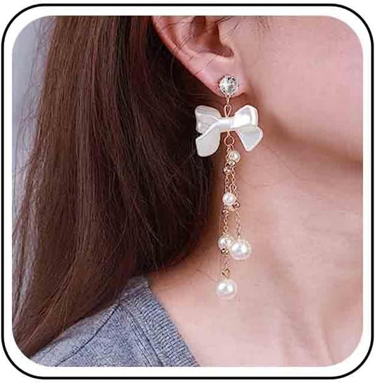 Vintage Crystal Pearl Drop Earrings Pearl Bow Dangle Earrings Long Pearl Tassel Chain Earrings Cz Bow Stud Earrings Jewelry for Women-Velvo Beauty
