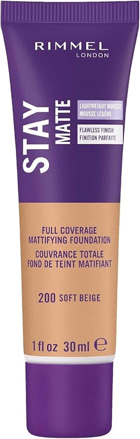 Rimmel London Stay Matte Liquid Mousse - 200 Soft Beige - Foundation, Lightweight, Shine Control, Oil-Free, 1oz-Velvo Beauty