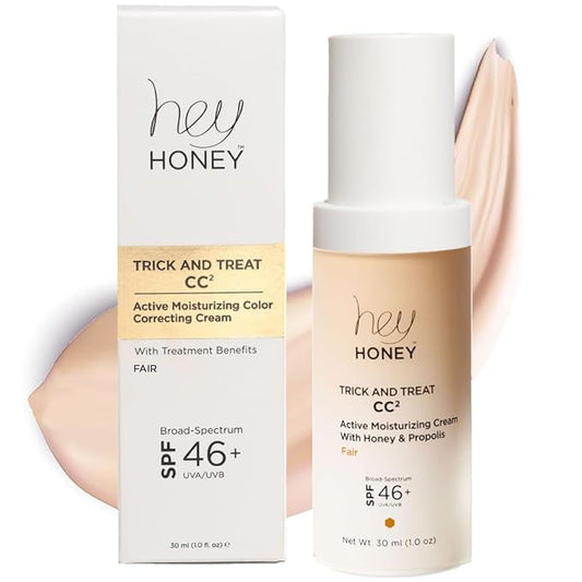 Hey Honey Trick and Treat CC² Cream SPF 46 | Active Moisturizing Color Correcting Cream with Honey & Propolis | Best Cover For Rosacea, Skin Redness & Mature Skin | Cruelty-Free | 1 oz (Fair Tone)-Velvo Beauty