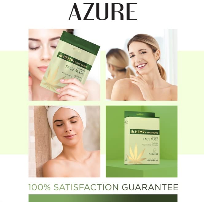Azure Cosmetics Hemp Oil & Hyaluronic Acid Nourishing Facial Sheet - Anti Aging, Rejuvenating & Deeply Hydrating Mask - Reduces Fine Lines & Wrinkles, Locks in Moisture - Korean Skin Care - Pack of 5-Velvo Beauty
