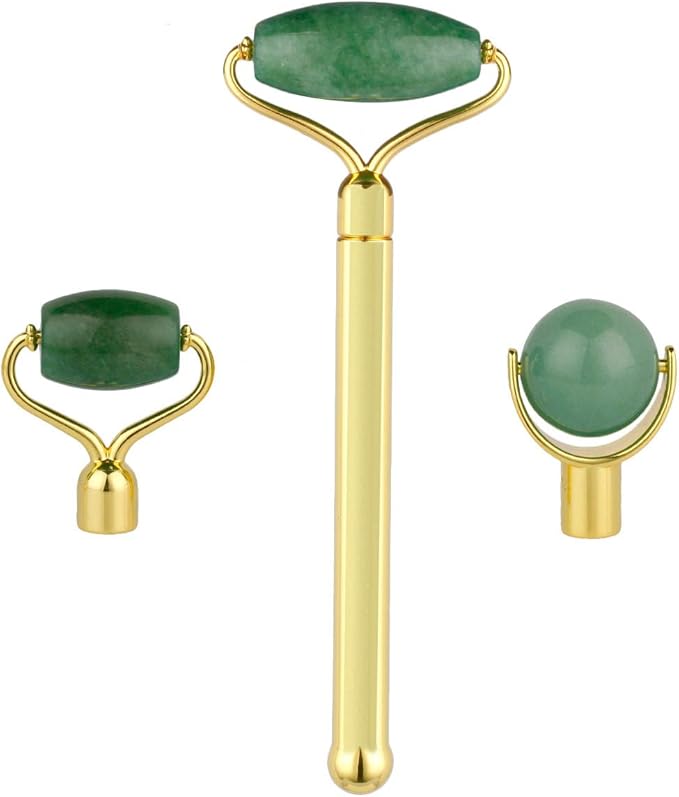 mookaitedecor Jade Roller Green Aventurine 3 in 1 Set Removable Replacement Rollers, Anti-Aging Massager Tool for Face and Neck-Velvo Beauty