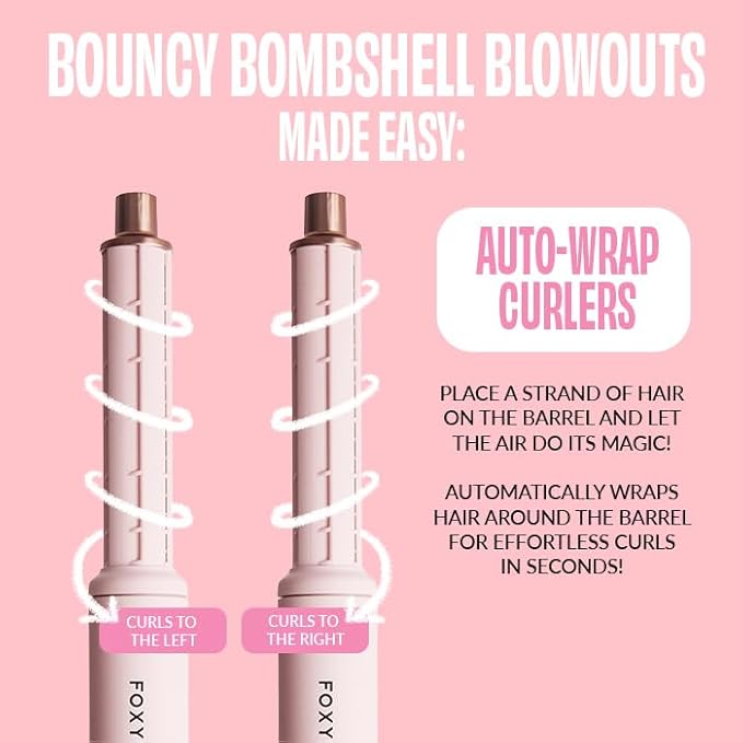 FoxyBae Super Styler Pro Interchangeable 5 in 1 Hair Styler Wand Curling Iron Set - w/Drying Cylinder, Ceramic Blowout & Round Brushes, 2 Auto-Wrap Curlers - Frizz-Free, Smooth Hair [Blush]-Velvo Beauty