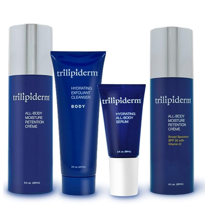 Trilipiderm Essential Body Regimen Bundle Set – 4 Simple Steps for this regimen - Start with Gentle Exfoliant Cleanser, Sun Care and Rejuvenating System that is powerful, natural and healthy hydration-Velvo Beauty