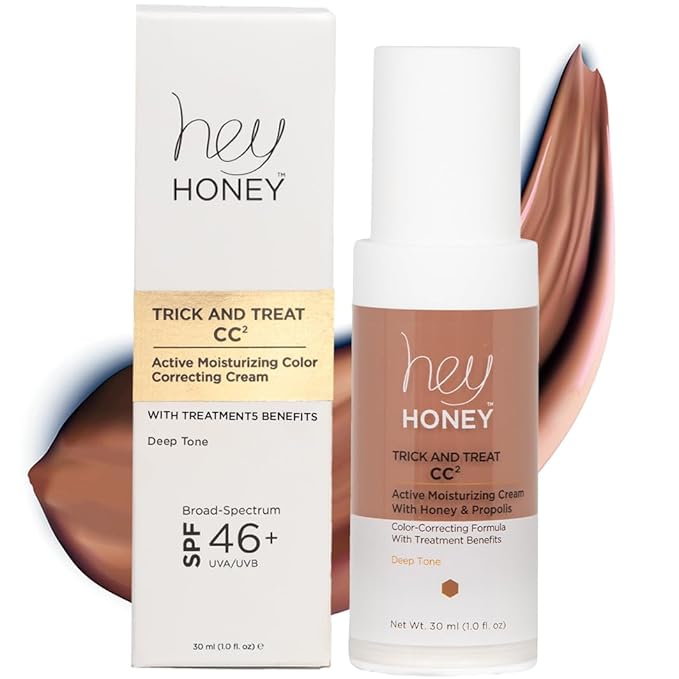 Hey Honey Trick and Treat CC Cream SPF 46 | Active Moisturizing Color Correcting Cream with Honey & Propolis | Best Cover For Rosacea, Skin Redness & Mature Skin | Cruelty-Free | 1 oz (Deep)-Velvo Beauty