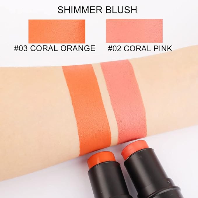 evpct 2Pcs Shimmer Orange Cream Blush Stick for Cheeks Lips Tint Eyes Contour Highlighter Makeup Sticks Lightweight Hydrating formula rubor en crema para los cachetes 02 Coral Pink & 03 Coral Orange-Velvo Beauty