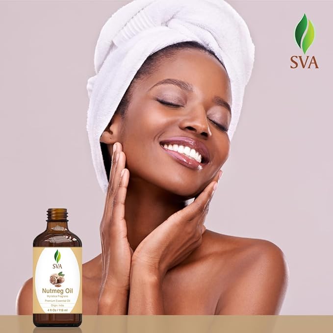 SVA Nutmeg Essential Oil – 4 Fl Oz – 100% Natural Nutmeg Oil - for Diffuser, Hair Care, Face, Skin Care, Aromatherapy, Scalp and Body Massage, Soap and Candle Making – with Dropper-Velvo Beauty