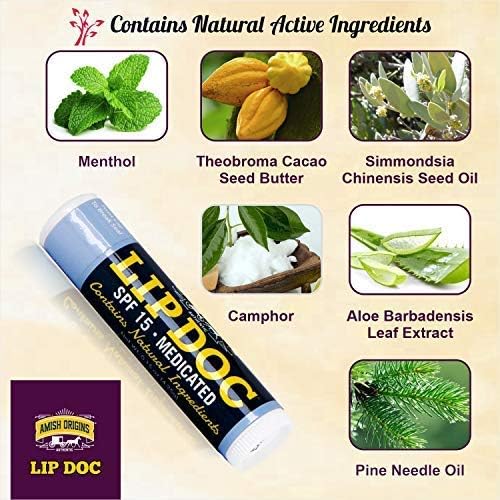 Amish Origins Lip Doc SPF 15 Medicated Lip Balm (2 PACK)- All-Natural Deep Moisturizing Lip Balm, Potent Formula for Chapped and Cracked Lips, All Natural Essential Oils-Velvo Beauty