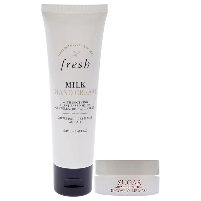 Fresh Hand And Lip Love Kit for Women - 2 Pc 1.6oz Milk Intensive Hand Cream, 0.3oz Sugar Recovery Lip Mask Advanced Therapy-Velvo Beauty