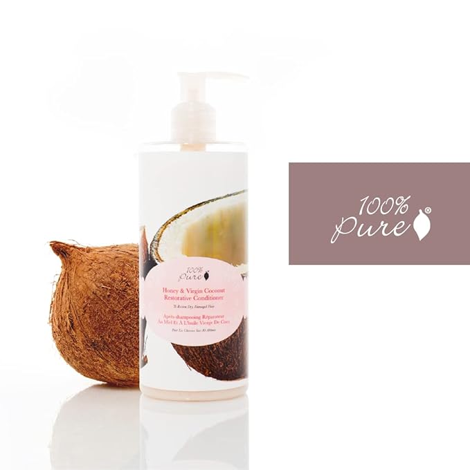 100% PURE Honey & Virgin Coconut Restorative Conditioner Moisturizer & Repair Replenishing Nutrient Boost for Dry Damaged Hair, Promotes Healthy Growth for Women & Men - Sulfate Free - 13 Fl Oz-Velvo Beauty